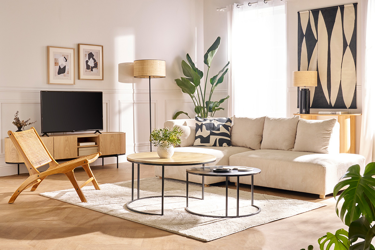 Meuble TV design bois clair et m�tal noir avec rangements L180 cm SKYE