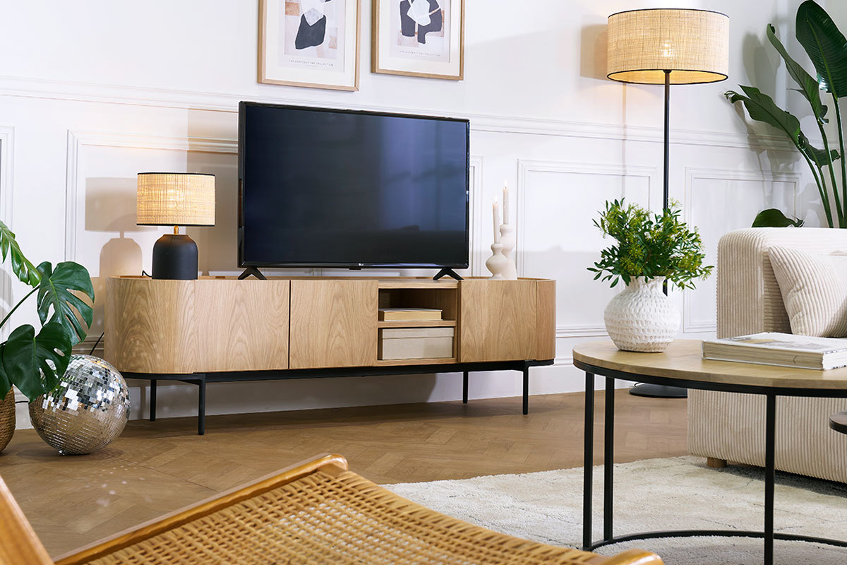 Meuble TV design bois clair et m�tal noir avec rangements L180 cm SKYE