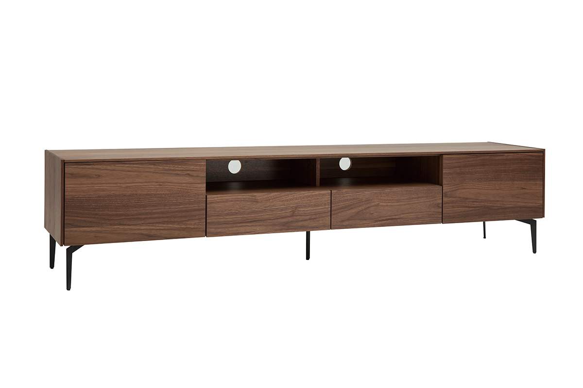 Meuble TV design bois fonc� noyer et m�tal noir 2 portes 2 tiroirs L200 cm BLISS