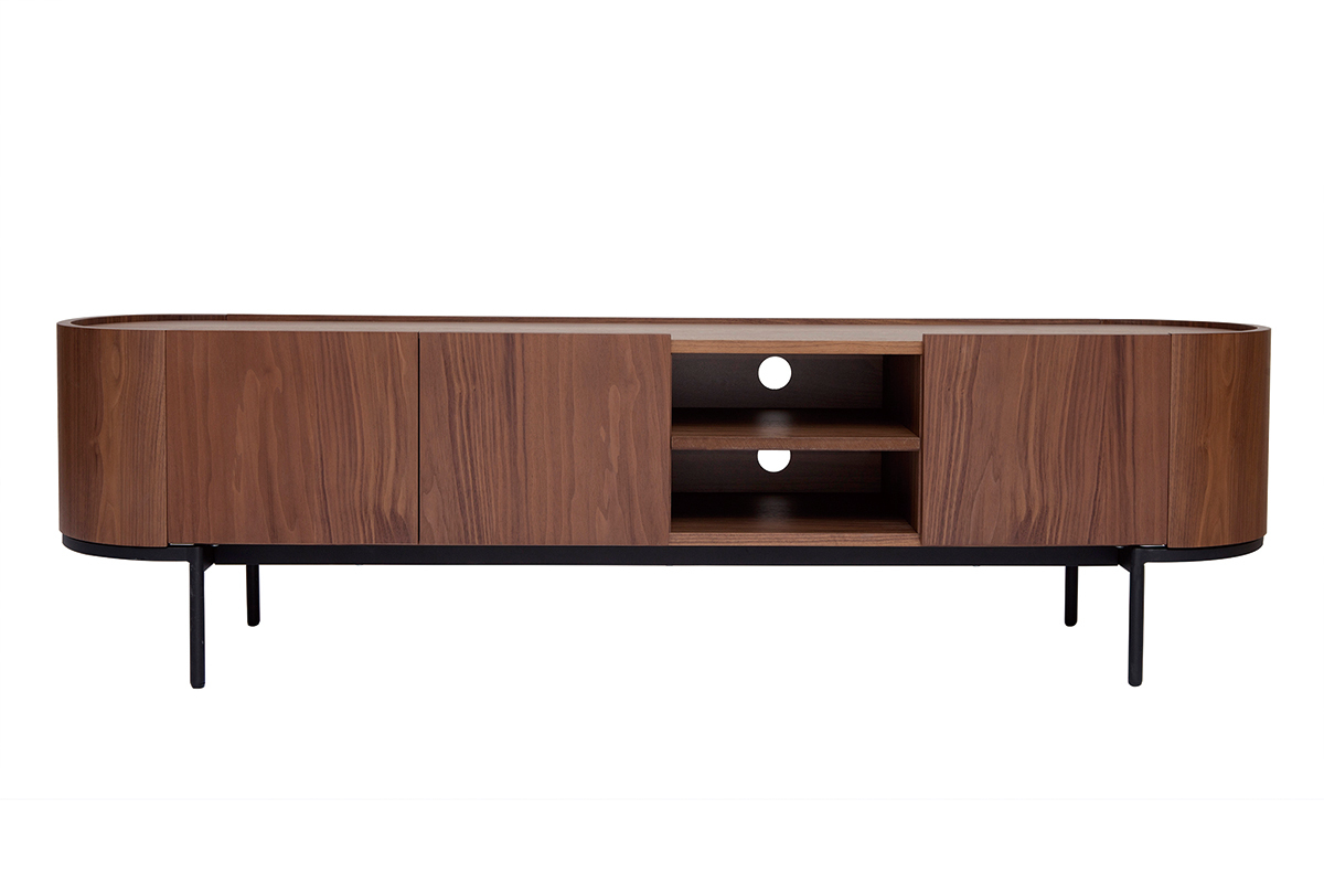 Meuble TV design bois fonc� noyer et m�tal noir avec rangements L180 cm SKYE