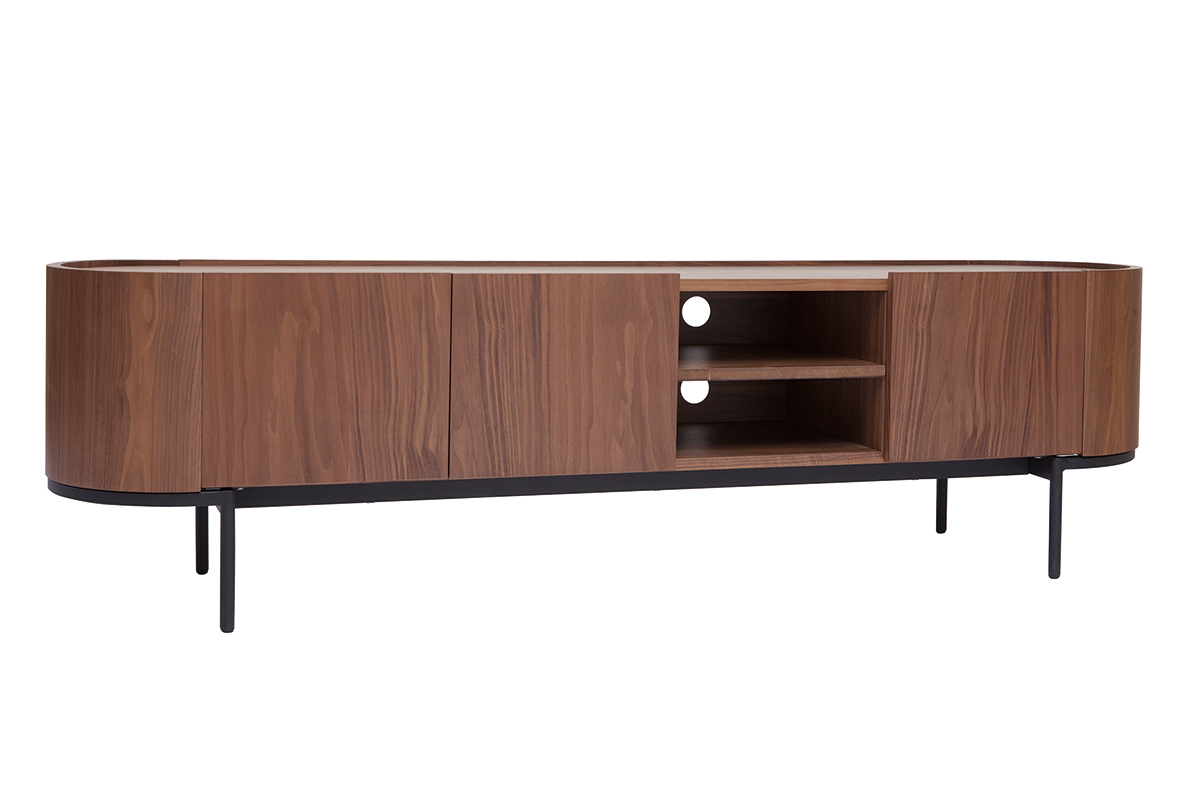 Meuble TV design bois fonc� noyer et m�tal noir avec rangements L180 cm SKYE