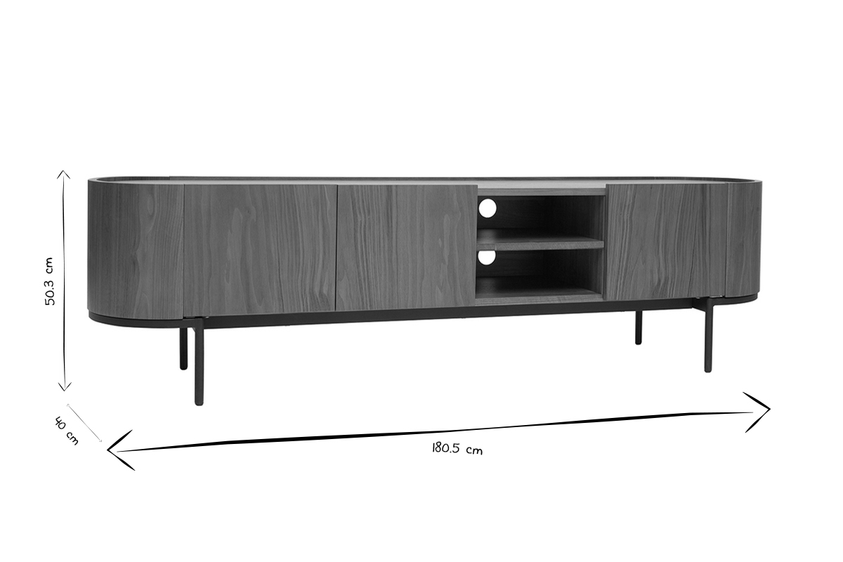 Meuble TV design bois fonc� noyer et m�tal noir avec rangements L180 cm SKYE