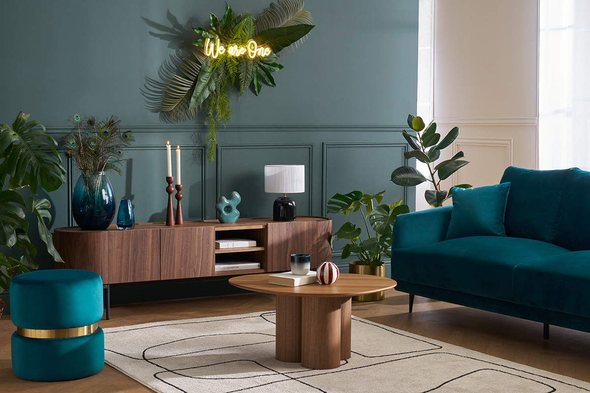 Meuble TV design bois fonc� noyer et m�tal noir avec rangements L180 cm SKYE