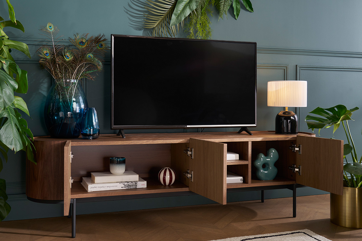 Meuble TV design bois fonc� noyer et m�tal noir avec rangements L180 cm SKYE