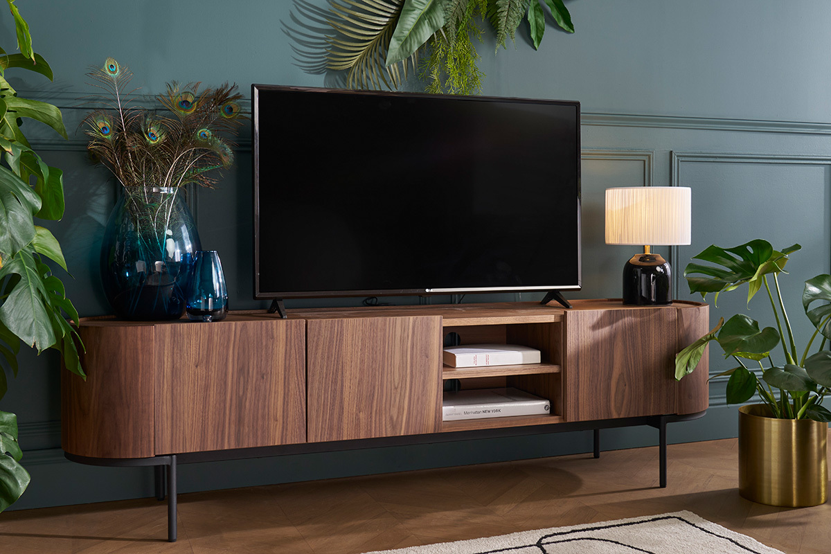 Meuble TV design bois fonc� noyer et m�tal noir avec rangements L180 cm SKYE