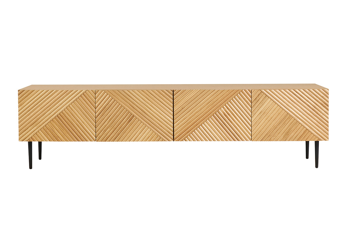 Meuble TV design en bois clair ch�ne massif grav� et m�tal noir 4 portes L180 cm ARCHIPEL