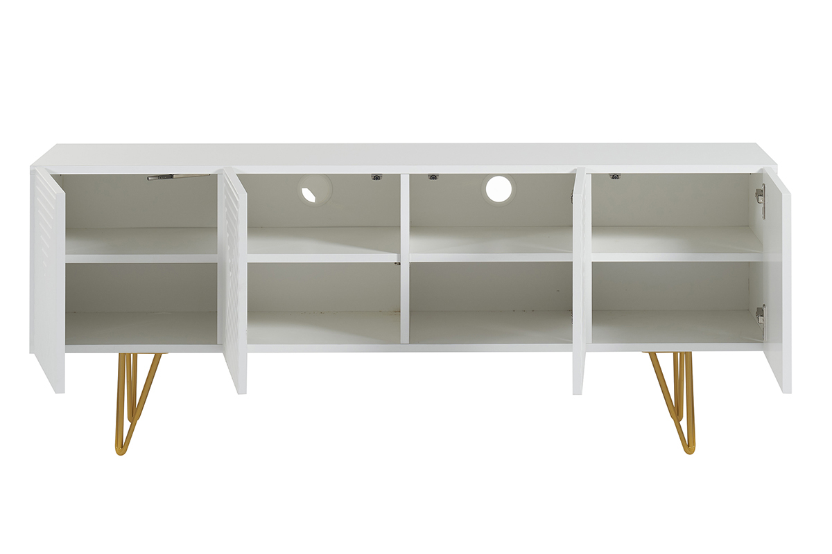 Meuble TV design grav� blanc et m�tal dor� L140 cm OZEN