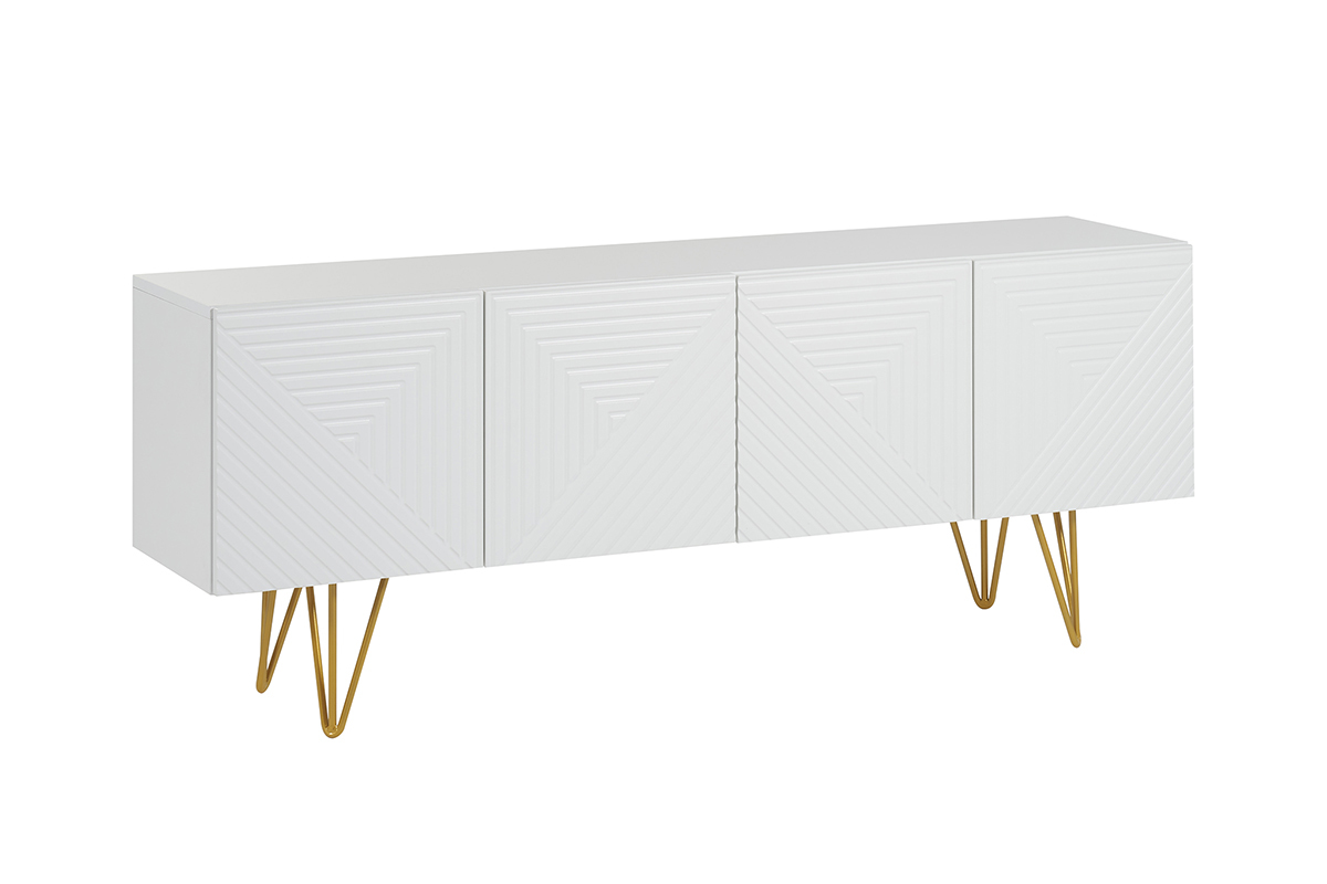 Meuble TV design grav� blanc et m�tal dor� L140 cm OZEN