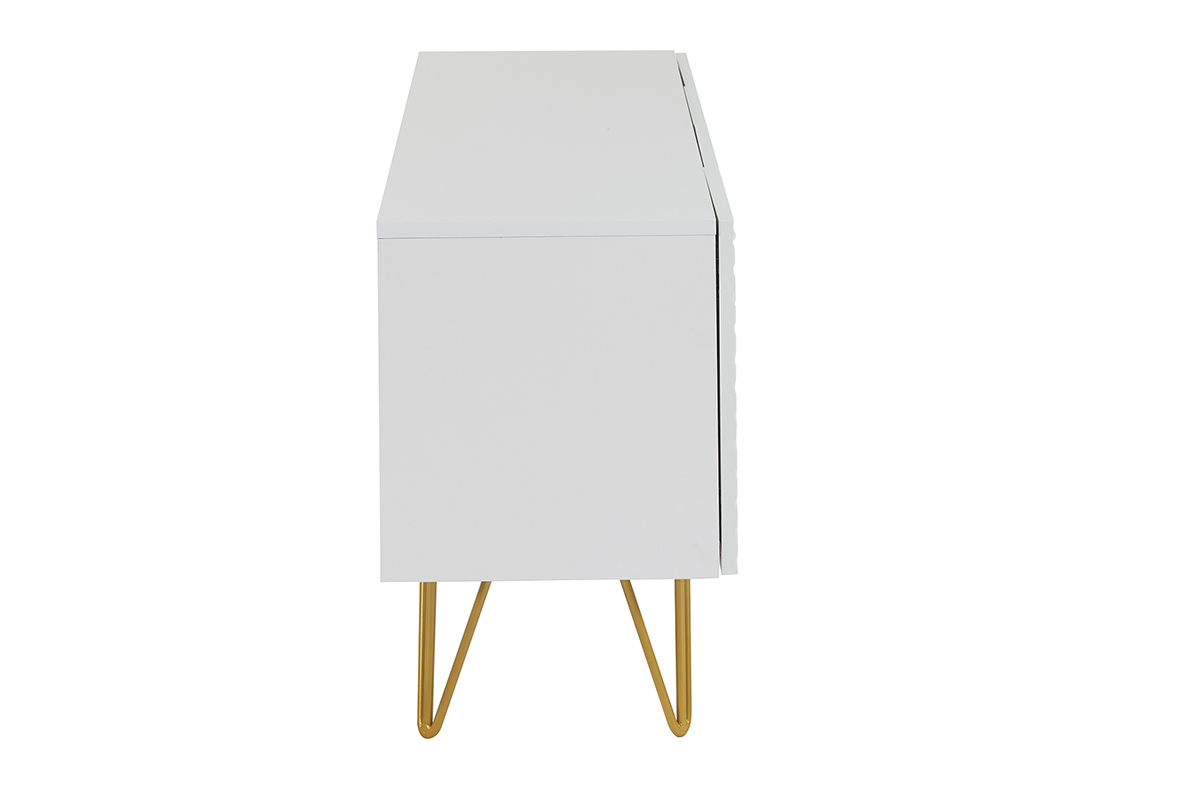 Meuble TV design grav� blanc et m�tal dor� L140 cm OZEN