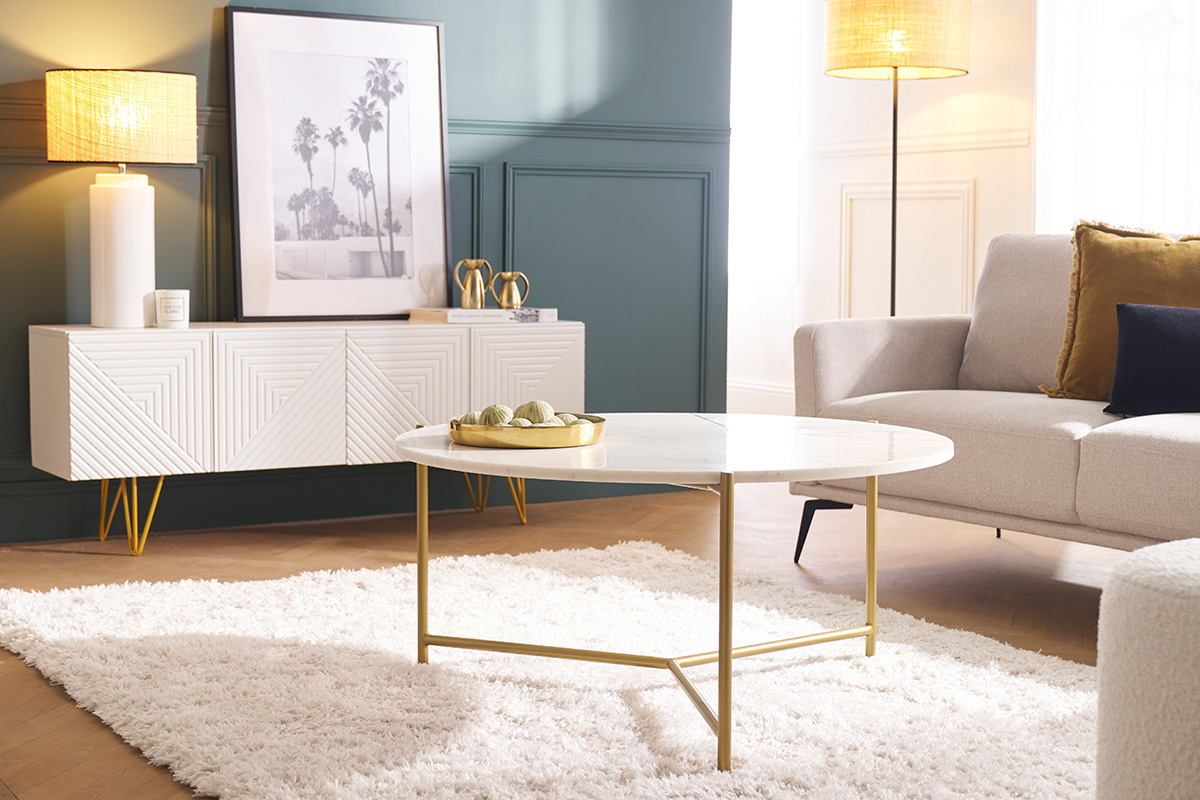 Meuble TV design grav� blanc et m�tal dor� L140 cm OZEN