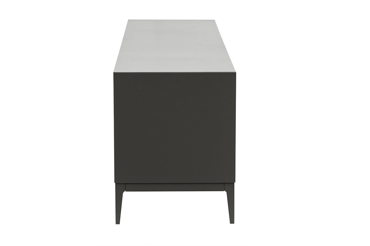 Meuble TV gris brillant vue de c�t�, pieds en bois massif.
