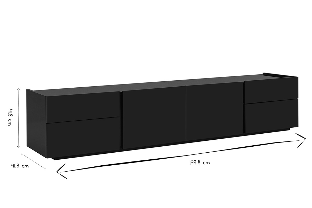 Dimensions du meuble TV ISAURE noir brillant, longueur 199.8 cm, largeur 41.3 cm, hauteur 41.8 cm, en noir et blanc.