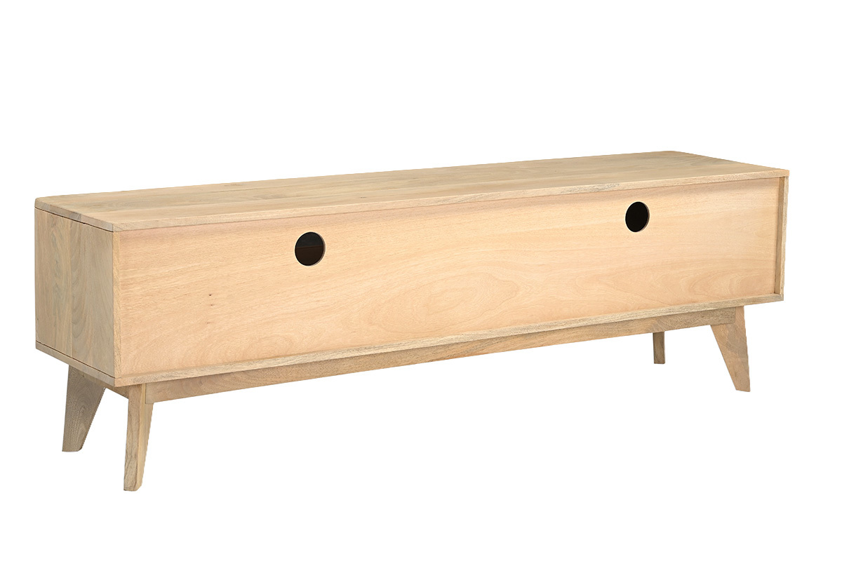 Meuble TV ALDA en manguier massif, longueur 160 cm, avec porte coulissante et pieds en bois.