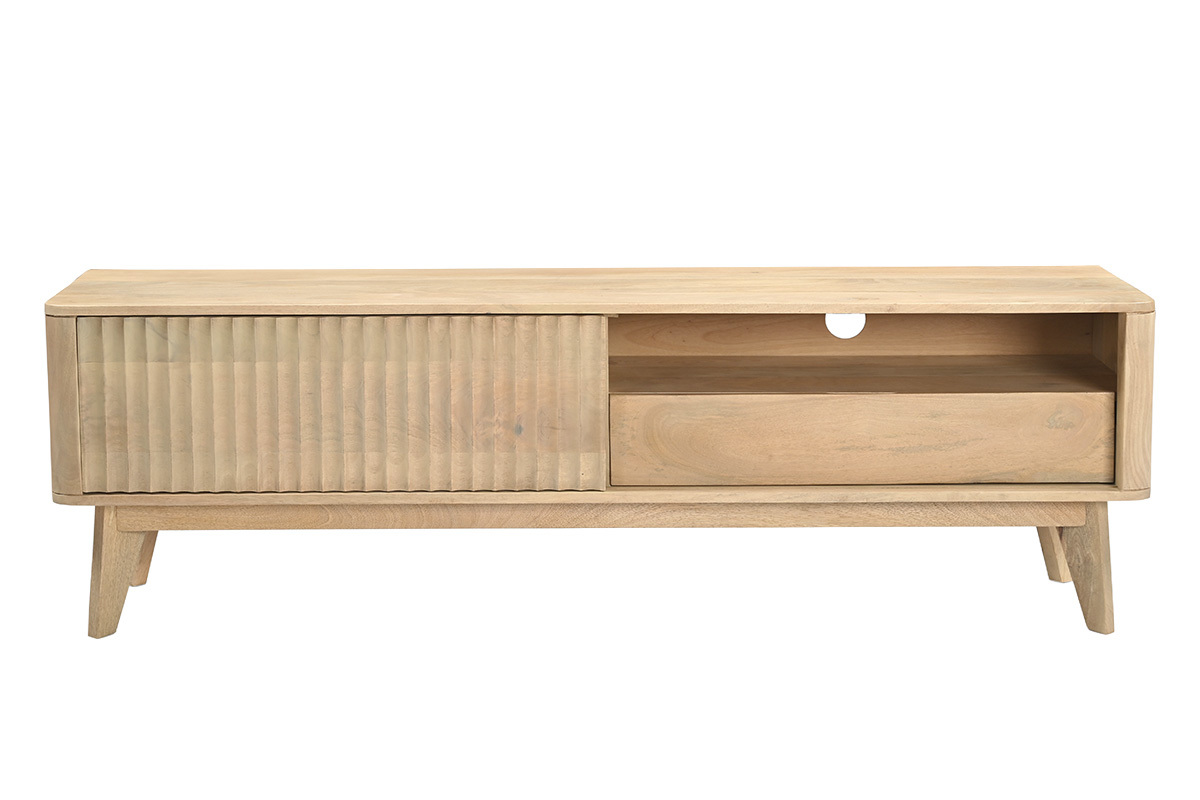 Meuble TV en bois clair manguier massif avec porte coulissante, vue de face, L160 cm