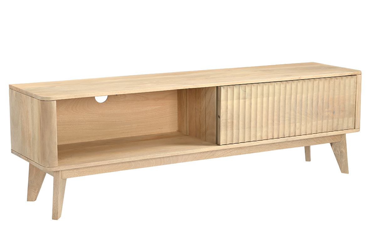 Meuble TV en bois clair manguier massif avec porte coulissante, vue de 3/4.