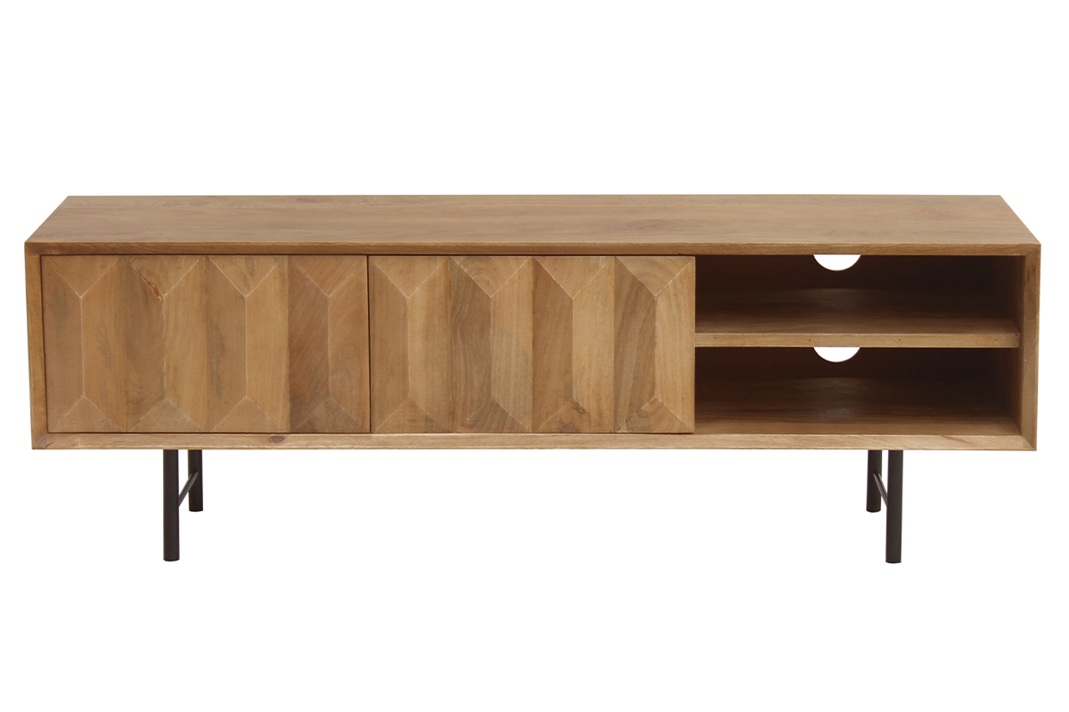 Meuble TV en bois clair manguier massif grav� et m�tal noir L120 cm AGRA