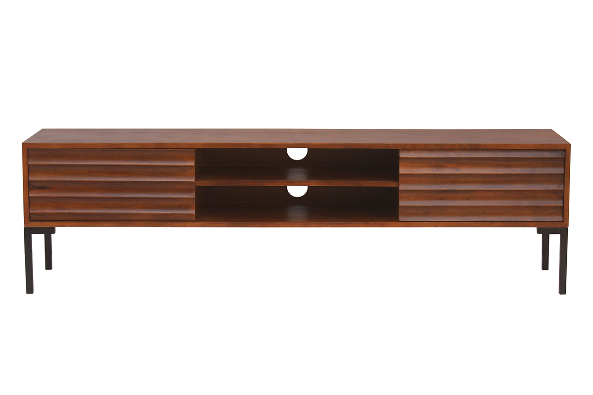 Meuble TV en bois fonc� manguier massif et m�tal noir 2 portes L160 cm ONDA