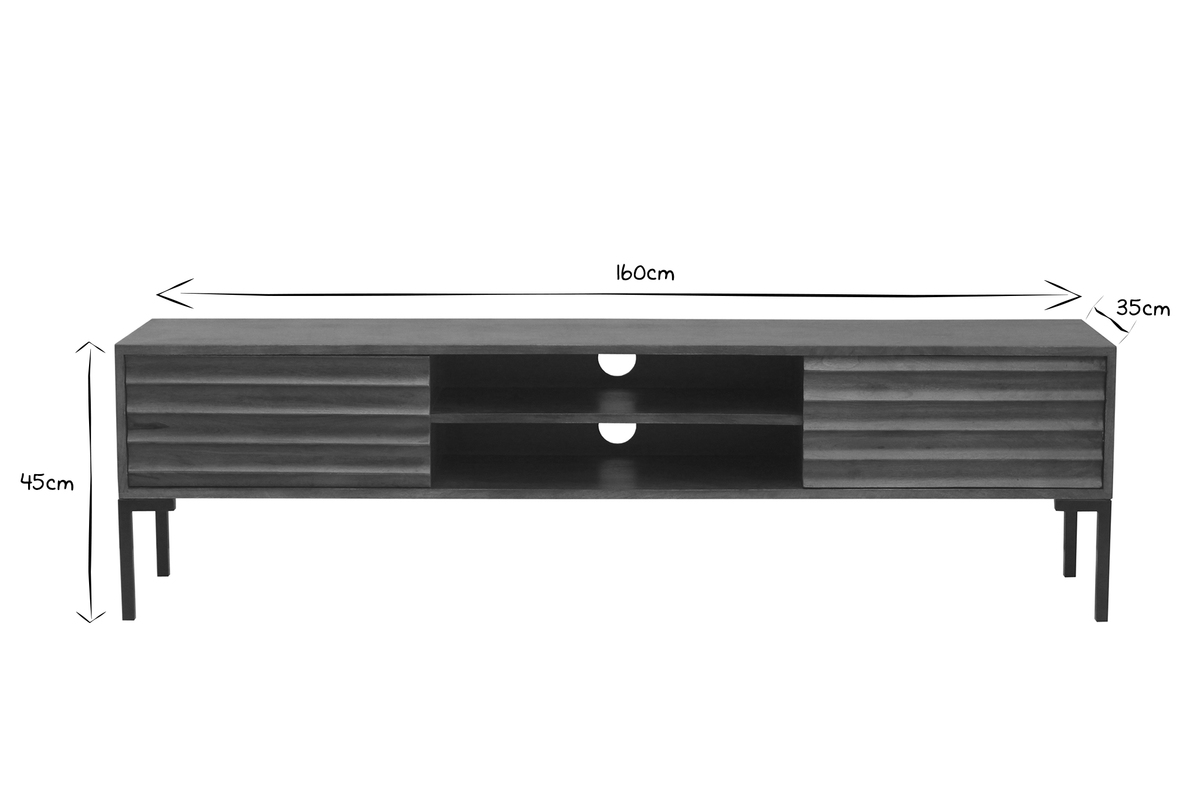 Meuble TV en bois fonc� manguier massif et m�tal noir 2 portes L160 cm ONDA