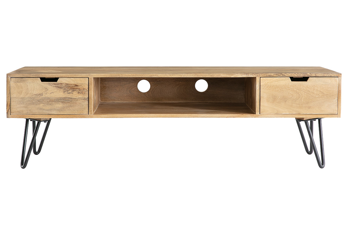 Meuble TV en bois manguier massif et m�tal noir L150 avec deux tiroirs et niche ouverte, vue de face.