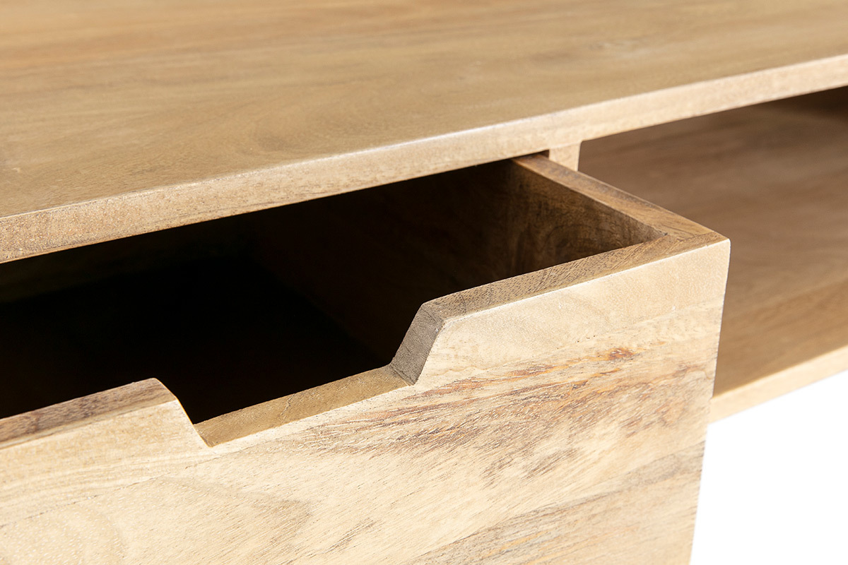 Vue rapproch�e d'un meuble TV en bois manguier avec tiroir ouvert et niche visible.