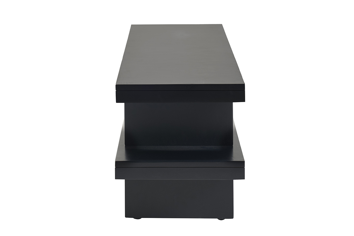 Meuble TV en bois massif noir, vue de c�t�, avec deux plateaux horizontaux superpos�s.