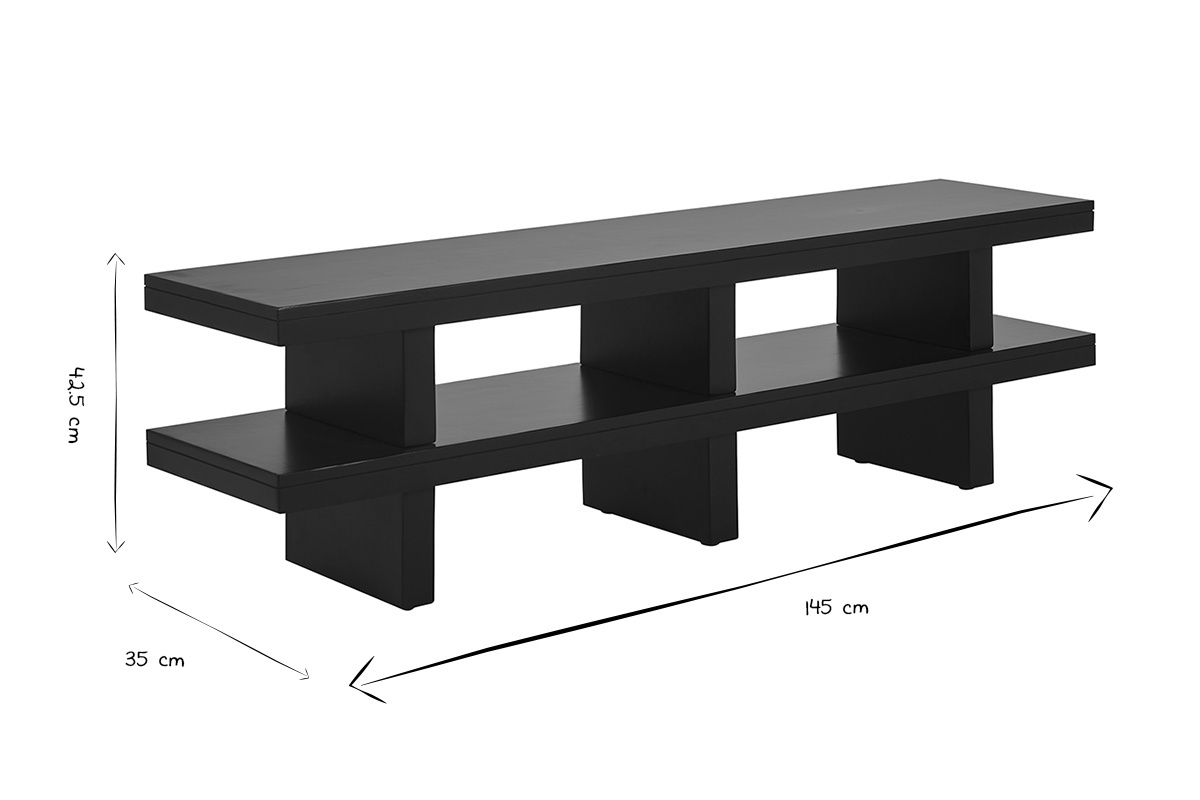 Dimensions du meuble TV NALO en noir et blanc, 145 cm de large, 35 cm de profondeur, 42,5 cm de hauteur.