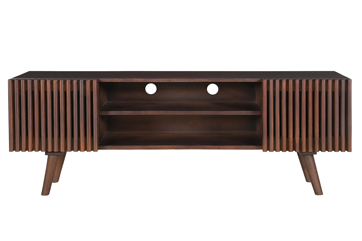 Meuble TV en manguier massif teint� bois fonc� avec portes coulissantes L140 cm ALBA