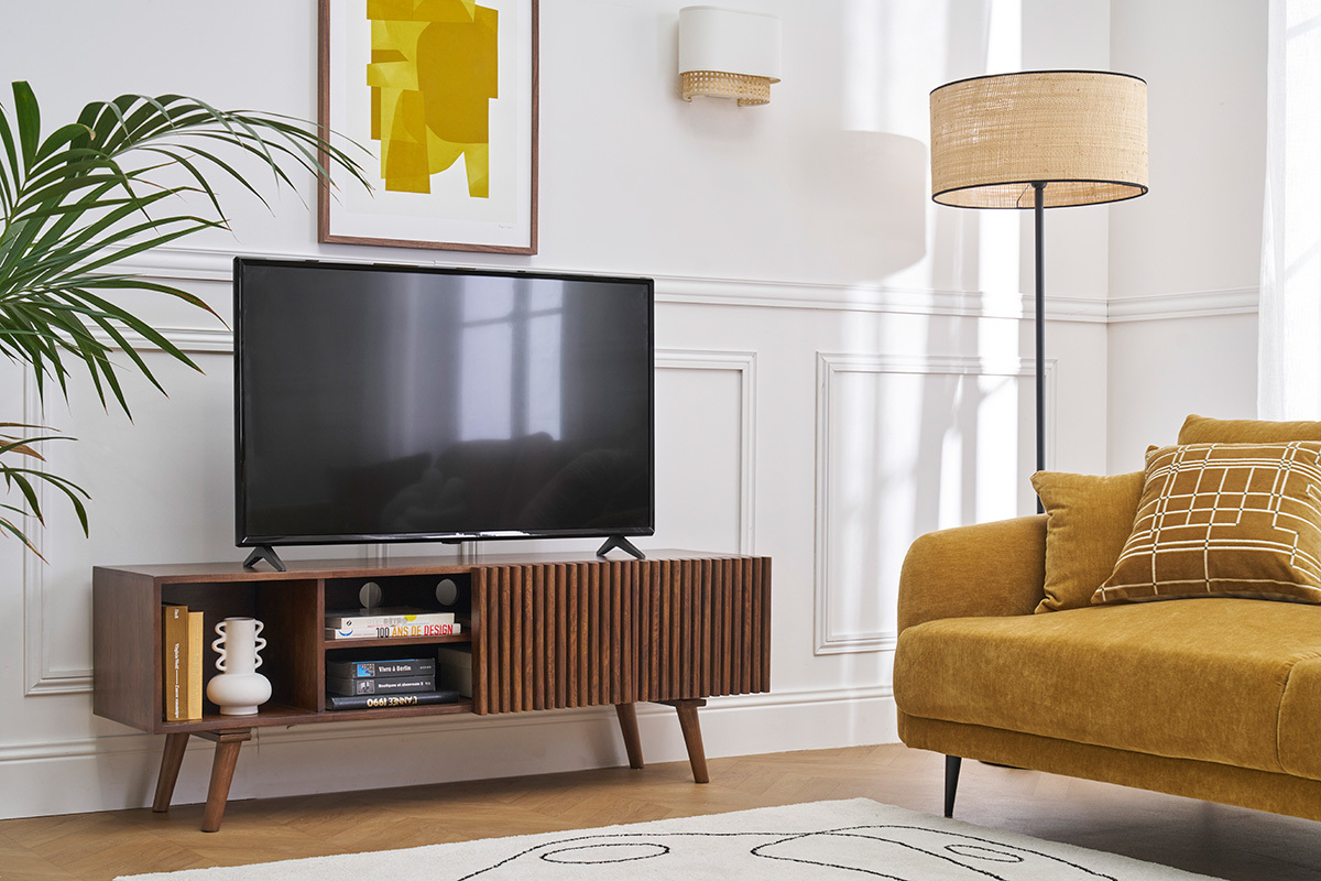 Meuble TV en manguier massif teint� bois fonc� avec portes coulissantes L140 cm ALBA