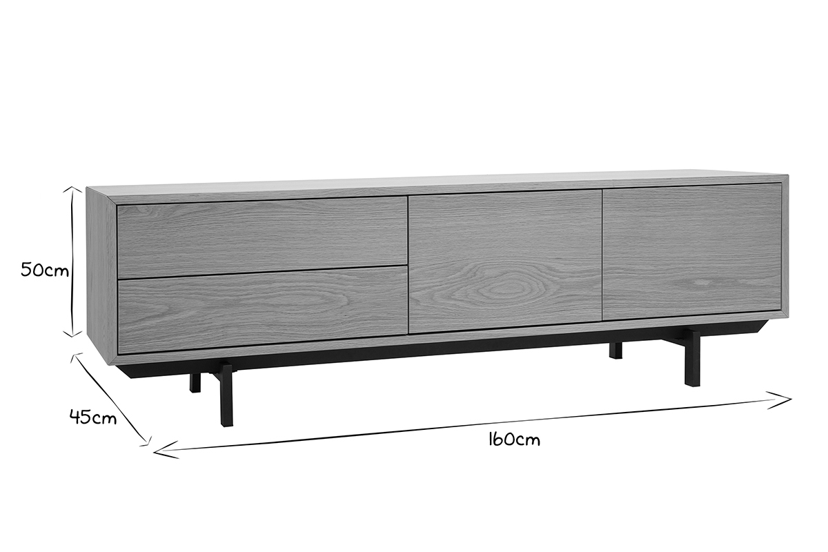 Dimensions du meuble TV MANNY en noir et blanc : L160cm, P45cm, H50cm