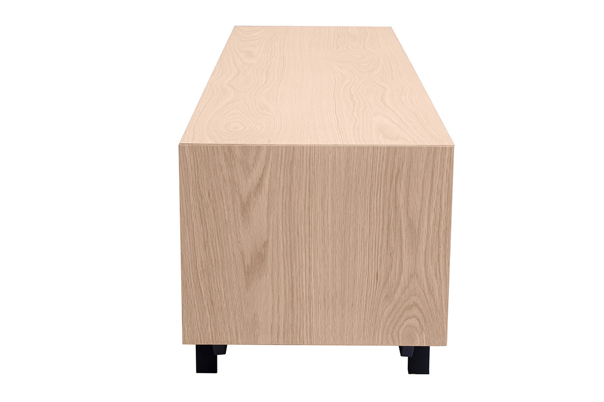 Meuble TV L160 cm MANNY en bois ch�ne clair, vue de profil, avec pieds en m�tal noir.