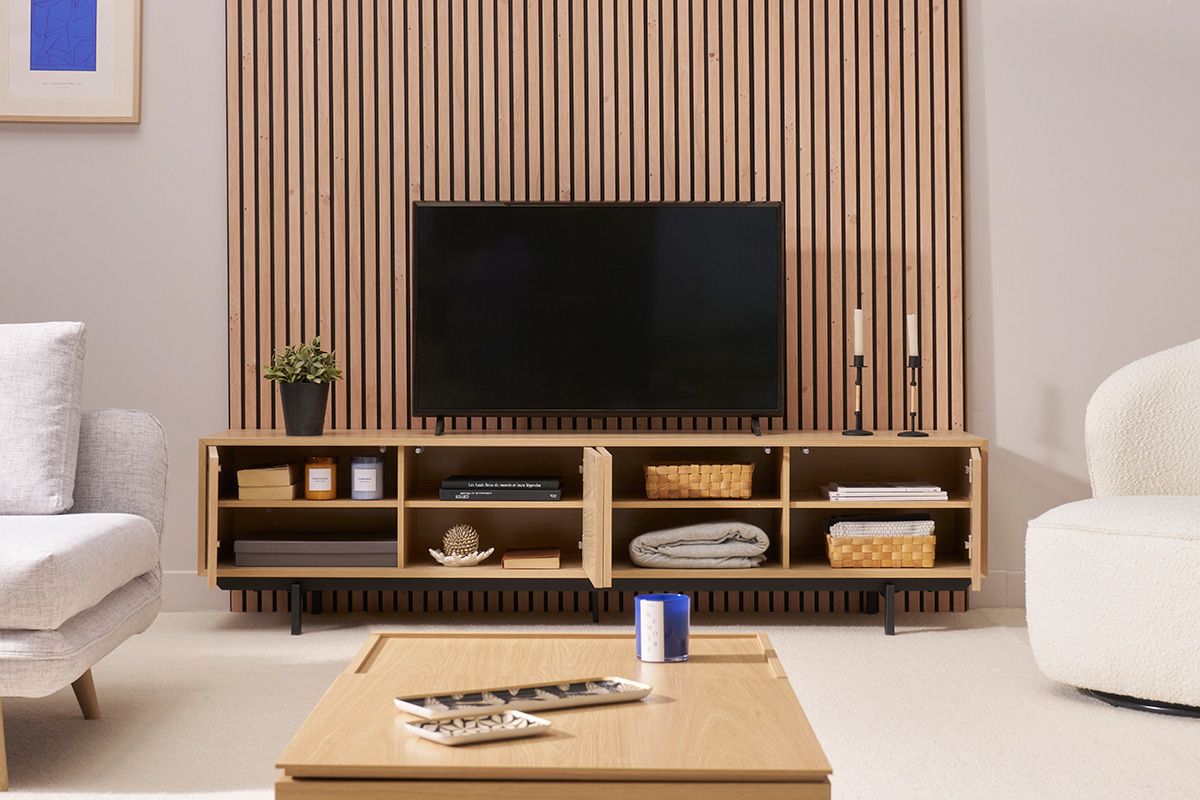 Meuble TV finition bois ch�ne et m�tal noir L200 cm MANNY