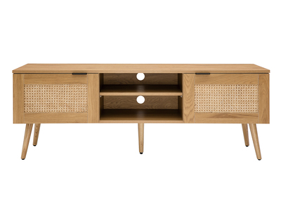 Meuble TV finition bois clair, cannage rotin et m&eacute;tal noir 2 portes L140 cm MANILLE