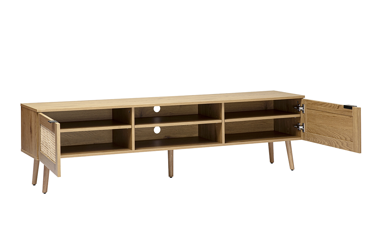 Meuble TV MANILLE en bois clair avec cannage rotin et m�tal noir, 2 portes ouvertes, vue de 3/4