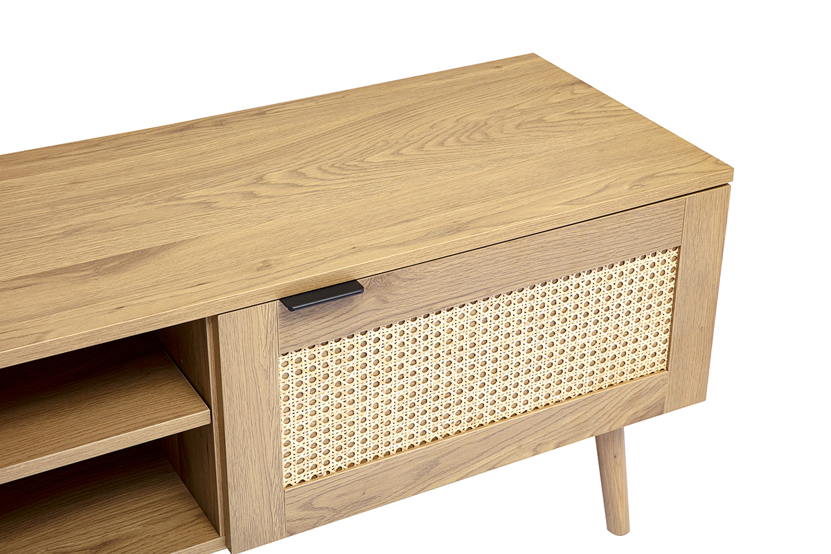 Meuble TV MANILLE en bois clair avec porte en cannage rotin, vue de dessus