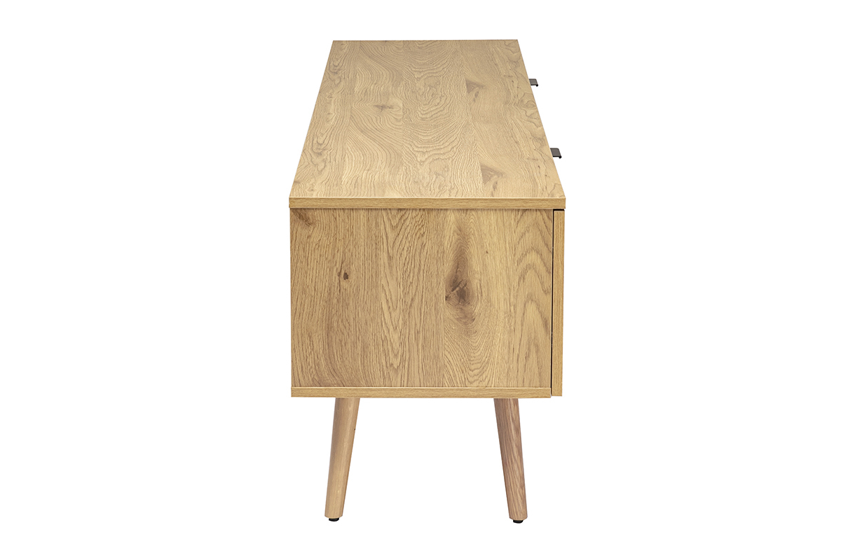 Meuble TV L180 cm en bois clair et cannage rotin, vue de profil avec 2 portes et pieds en bois massif.