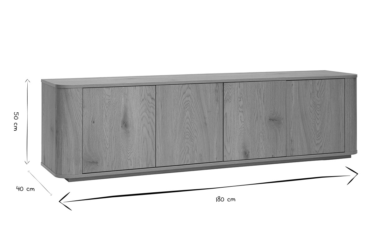 Dimensions du meuble TV NEGAN : 180 cm de long, 50 cm de haut et 40 cm de profondeur en noir et blanc.