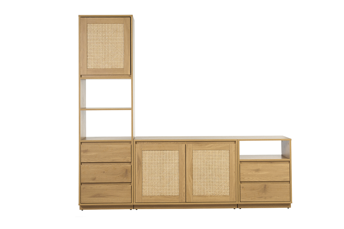 Meuble TV en bois clair ch�ne et cannage rotin avec tiroirs et niches, vue de face.