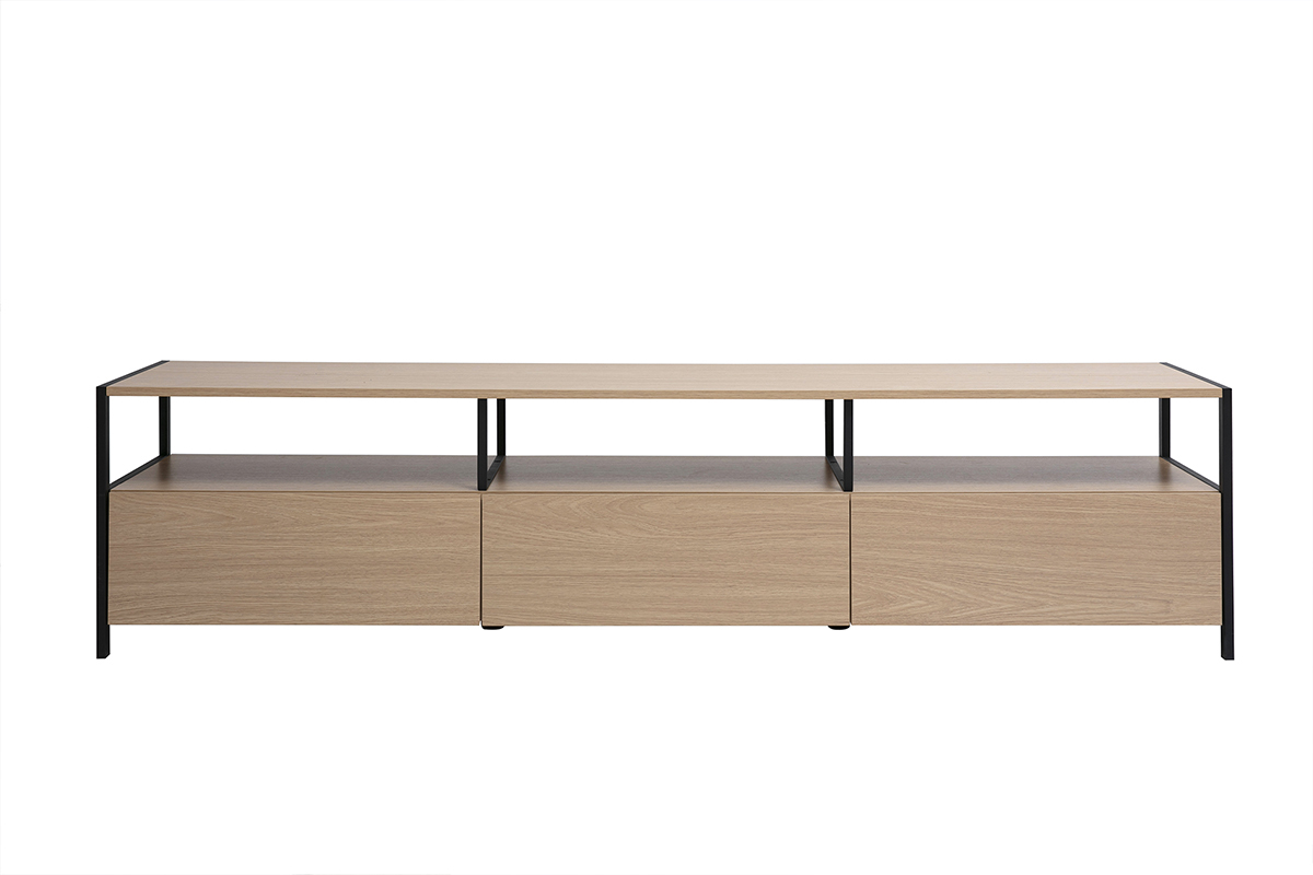 Meuble TV en bois clair et m�tal noir, 3 tiroirs, vue de face.