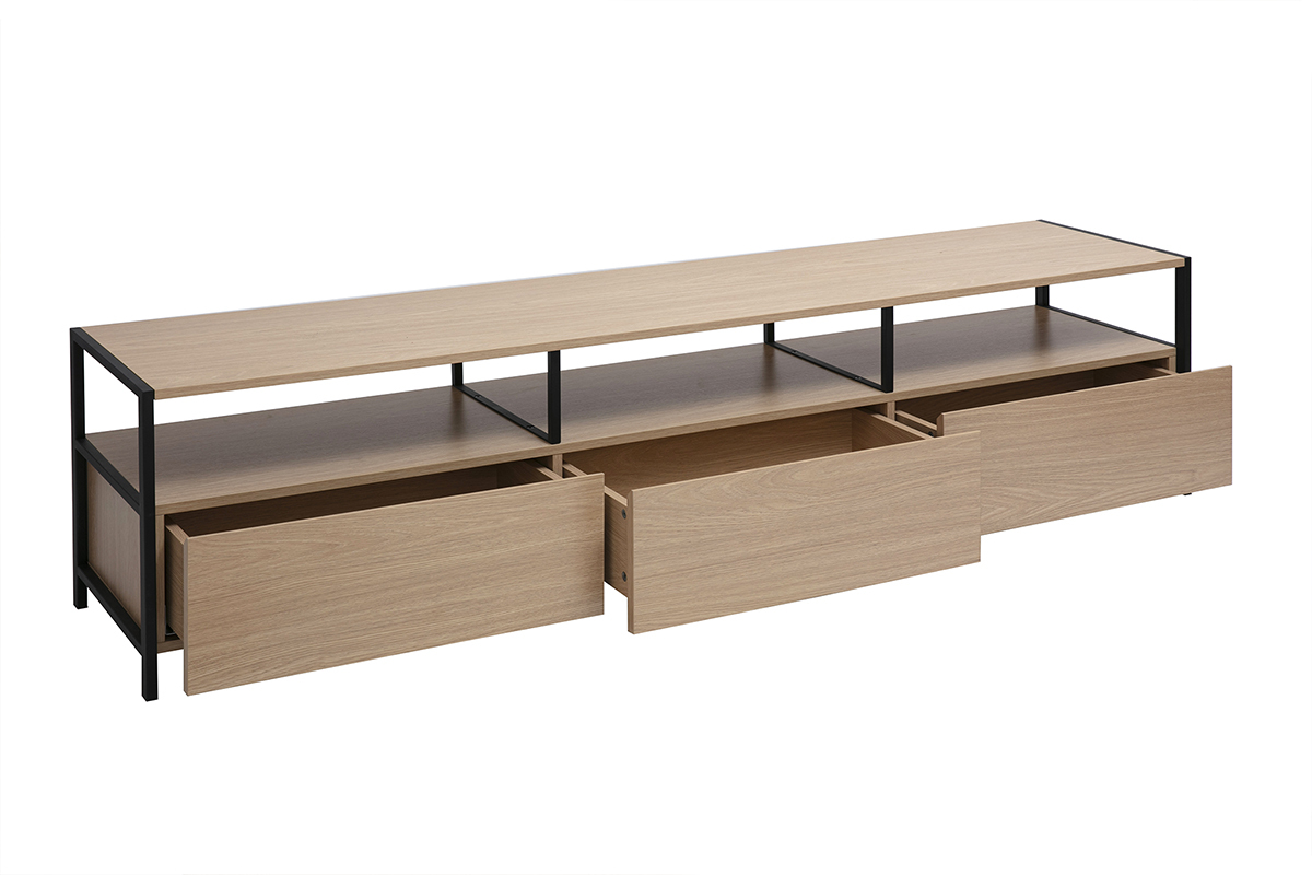 Meuble TV ch�ne clair avec cadre m�tal noir, tiroirs ouverts, vue de 3/4.