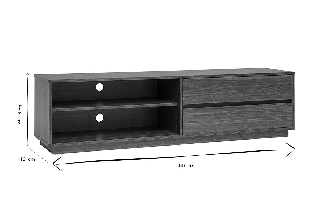 Meuble TV 2 tiroirs L160 cm MADERO en noir et blanc, dimensions affich�es.