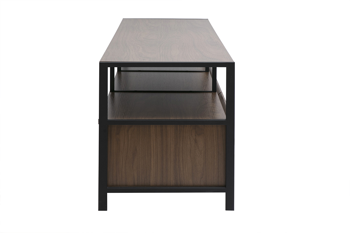 Meuble TV MAXENCE vue de profil, structure bois fonc� et m�tal noir.