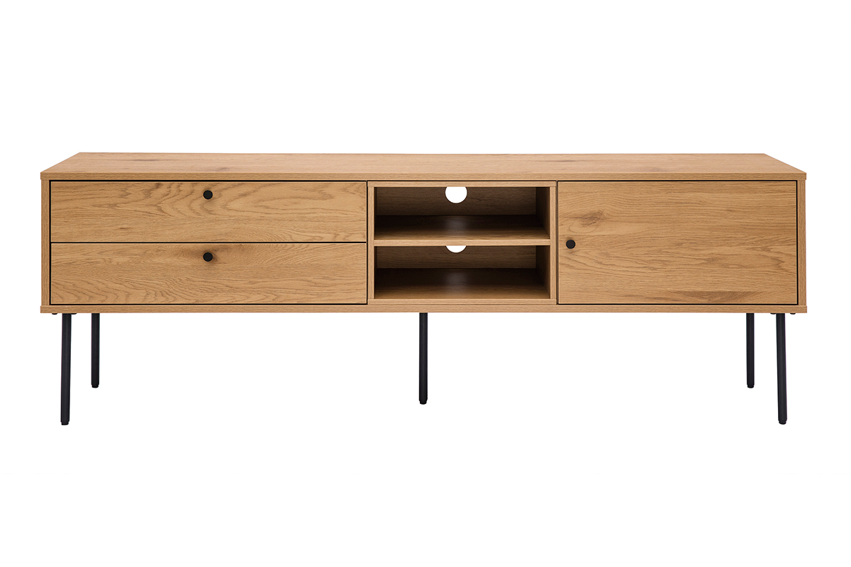 Meuble TV bois ch�ne clair avec pieds m�tal noir, vue de face, tiroirs et niches ouvertes visibles.