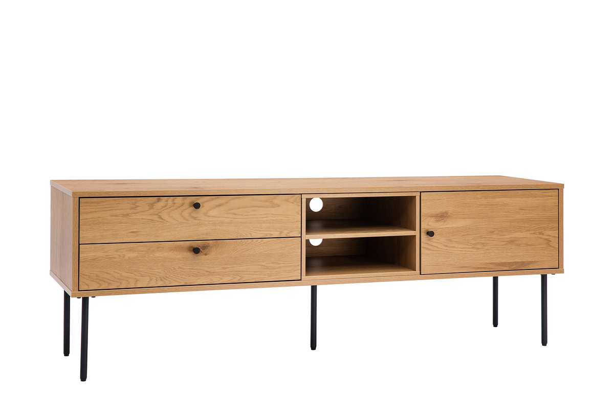 Meuble TV en bois clair ch�ne avec pieds en m�tal noir, deux tiroirs et niches.