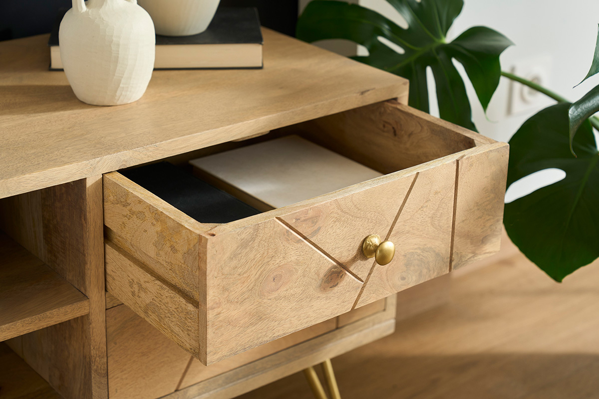 Meuble TV grav� en bois manguier massif et m�tal L130 LINIUM