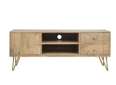 Meuble TV grav&eacute; en bois manguier massif et m&eacute;tal L130 LINIUM