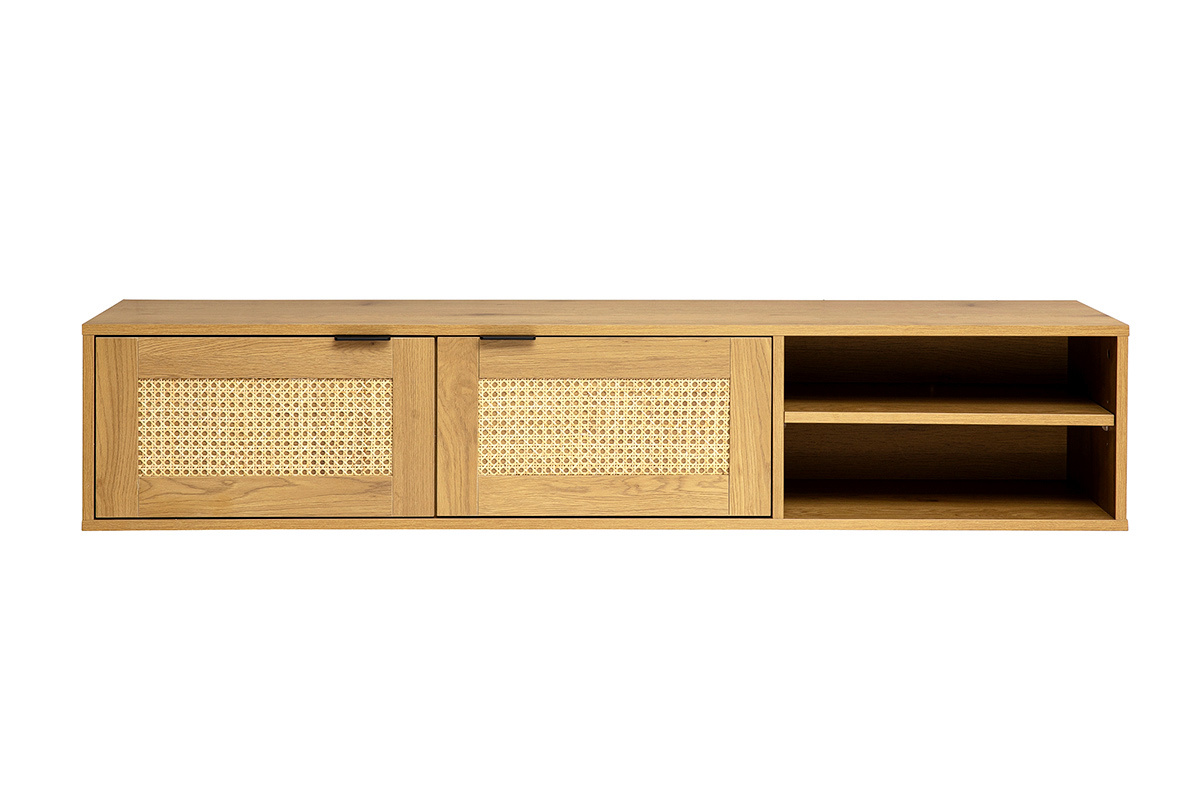 Meuble tv mural finition bois clair et cannage rotin 2 portes L150 cm MANILLE
