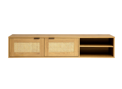 Meuble tv mural finition bois clair et cannage rotin 2 portes L150 cm MANILLE