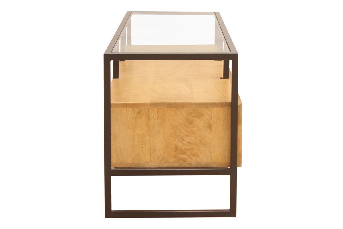 Meuble TV en bois de manguier, m�tal noir et verre, vue lat�rale.