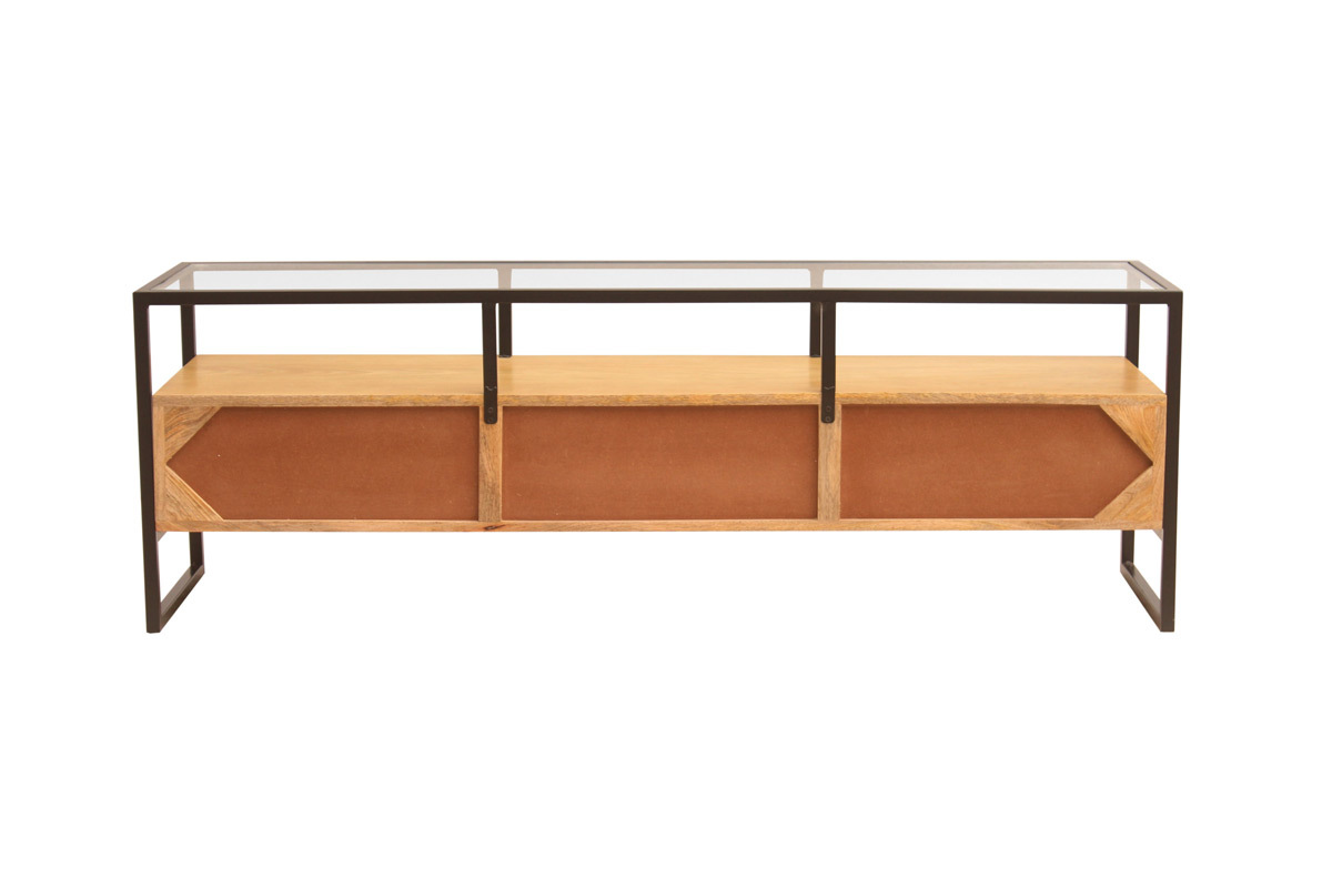 Meuble TV rectangulaire en bois manguier, verre et m�tal noir, vue de dos.