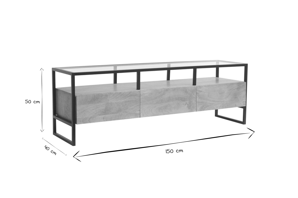 Dimensions du meuble TV rectangulaire noir et blanc L150xH50xP40 cm en vue d'angle.